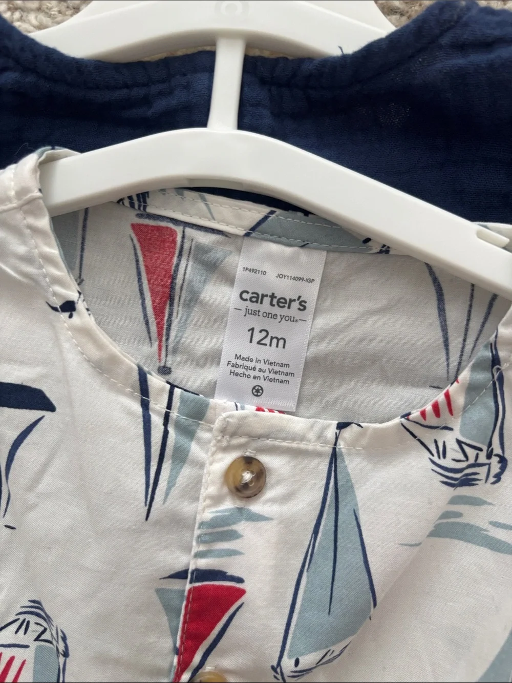 Carter's 12M Sailboat Print and Gauze Sleeveless Romper - White, Red & Navy